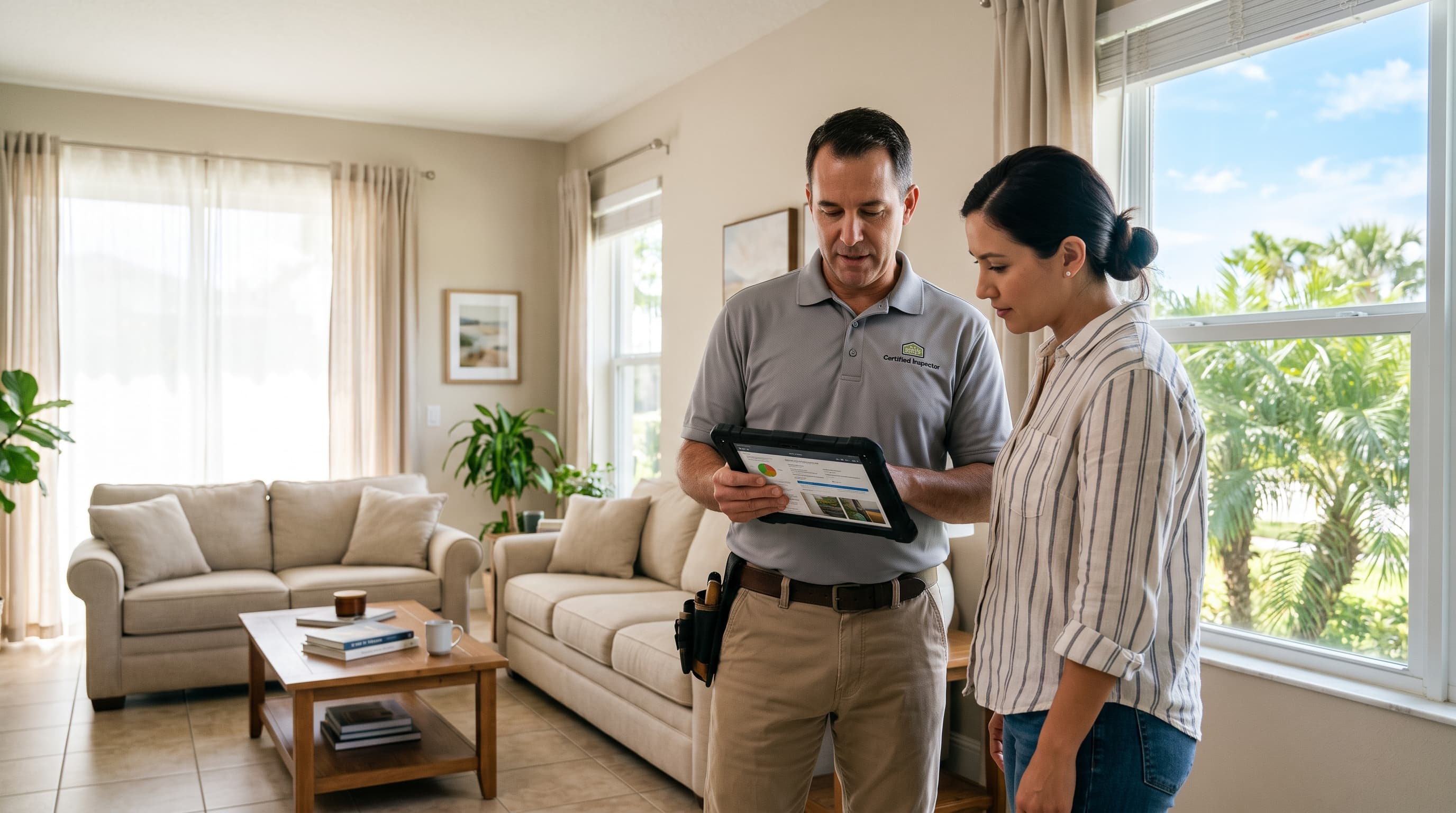 A home inspector and homeowner reviewing a report together