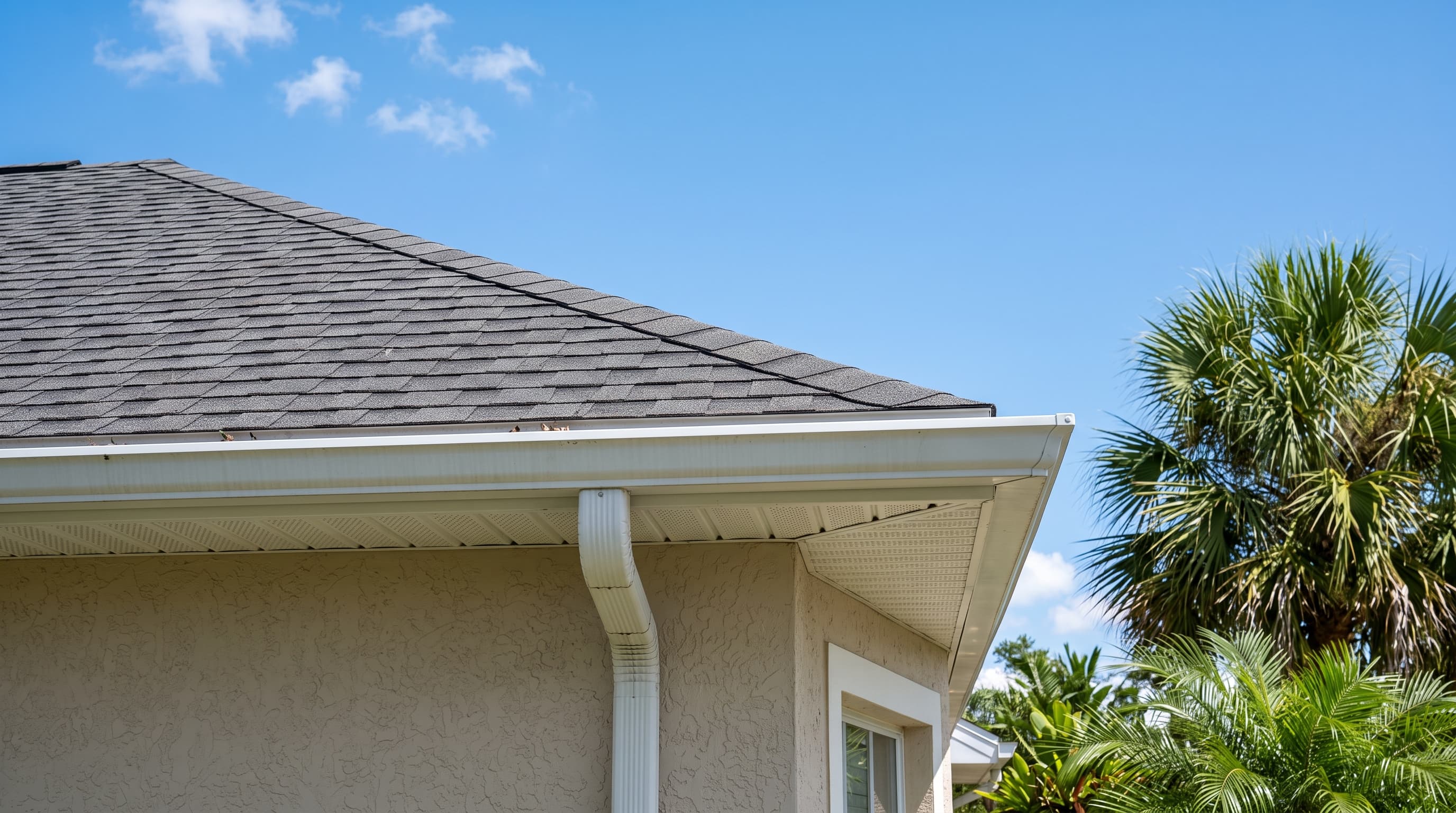 Close-up of a Florida home's roofline, gutters, and eaves