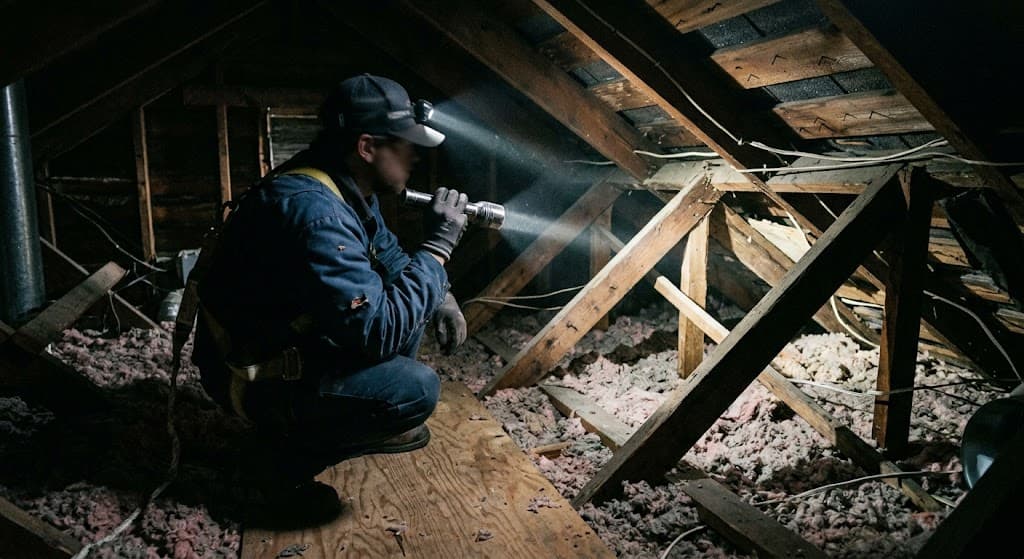 An inspector examining attic framing and insulation with a flashlight